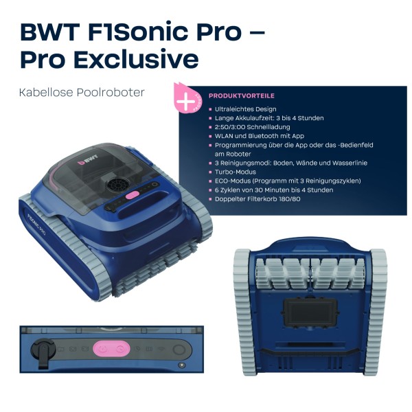 BWT F1 Sonic Pro Akku Poolroboter – Kabellos, 4h Laufzeit, Ultraschallsensor, App